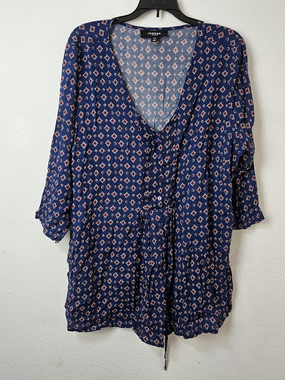 Chelsea Studio Navy Printed V-Neck Tie-Waist Women's Top Size 22/24